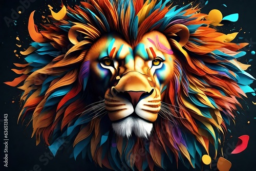 lion head with creative colorful abstract elements 3d rendering