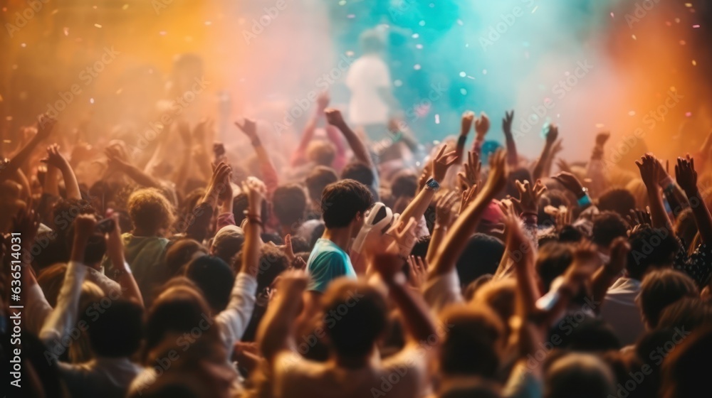 Hand up crowd of people dancing at big colorful shining spot light concert