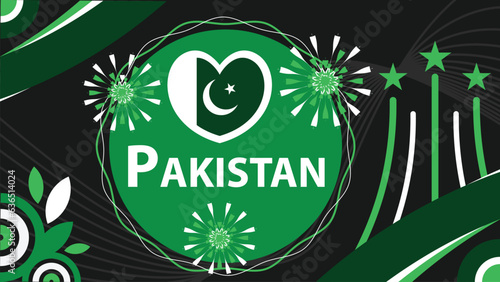 Pakistan national day vector geometric banner design with Pakistan flag theme colors, shapes, fireworks and typography. Pakistan celebration background.