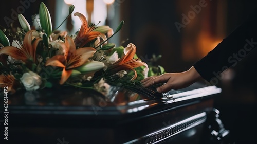 Hand touching coffin with bouquet of flowers in a vase at Funeral in a church
