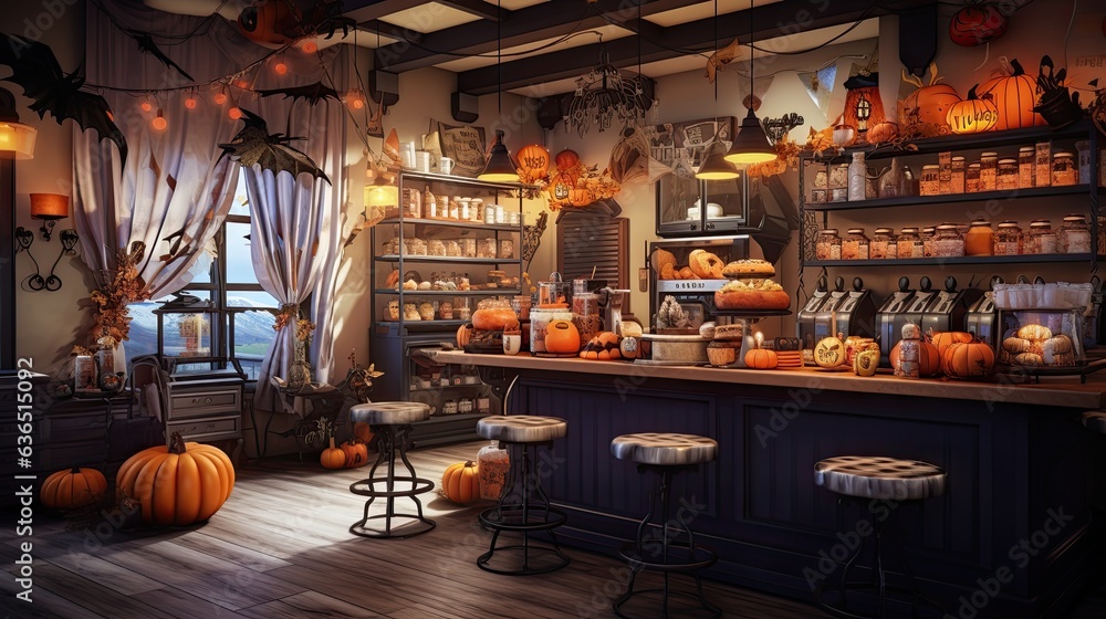 Enjoy your coffee amidst Halloween decorations in a charming cafe. Perfect for fall festivities. Enjoy your coffee amidst Halloween decorations in a charming cafe. Perfect for fall festivities.