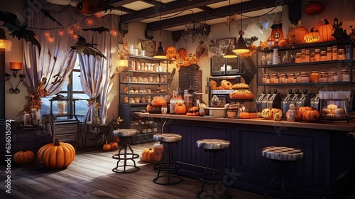 Enjoy your coffee amidst Halloween decorations in a charming cafe. Perfect for fall festivities. © Postproduction