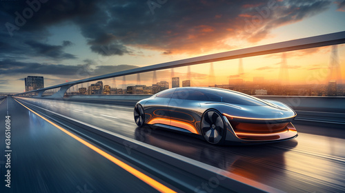 self - driving electric car gliding down a futuristic highway, showcased in a wide banner format © HansAdam