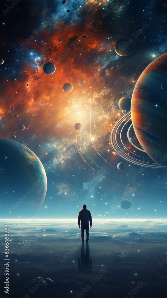 a man standing in front of large space filled with planets Generative AI