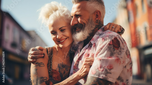 Adult beautiful loving couple, woman together with her beautiful Bearded man, Crazy guys, hipsters, Fun and creative, outdoor portrait, close up © Nataliya