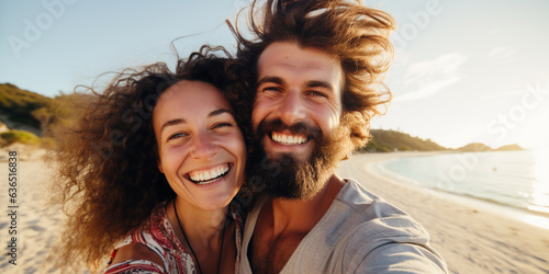 Loving couple taking selfie at the beach