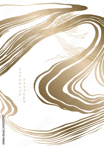 Chinese background with abstract art banner design vector. Gold texture with hand drawn line in vintage style. Crane birds elements.