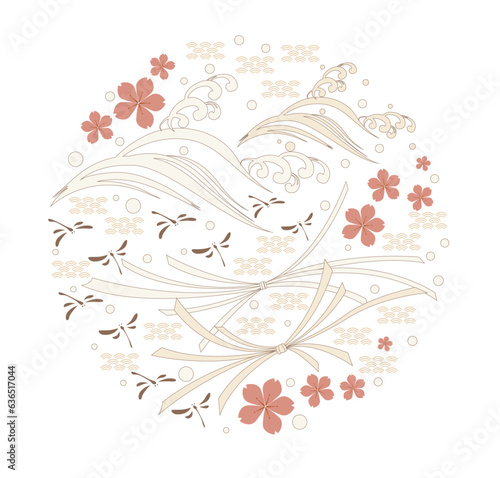 Asian icons and symbol with Japanese pattern. Abstract banners with template for logo design, flyer or presentation in vintage style. Ribbon, cherry blossom and dragonfly element.