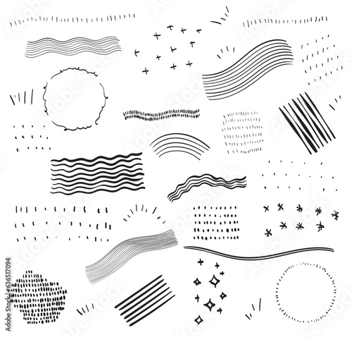 Abstract, ribbons, pattern and other elements in hand drawn styles for concept designs. Doodle illustration. Vector template for decoration. Line set