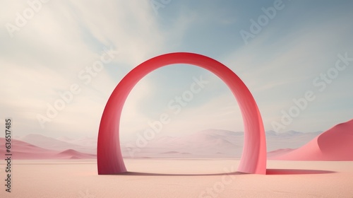 Amidst the desert landscape, a striking red arch emerges, embodying the essence of colorful surrealism. This vibrant creation injects a burst of energy into the arid surroundings