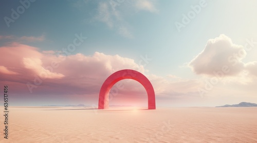 Amidst the desert landscape, a striking red arch emerges, embodying the essence of colorful surrealism. This vibrant creation injects a burst of energy into the arid surroundings