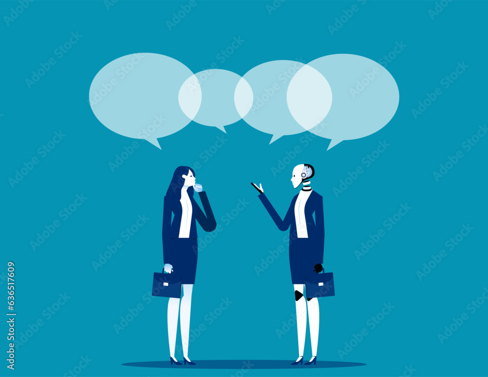 Robot and human talking. Artificial intelligence business vector illustration Robot and human talking. Artificial intelligence business vector illustration