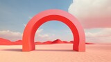Against the backdrop of the desert, a vibrant red arch stands tall, reflecting the essence of contemporary artistry. The presence of clouds adds an atmospheric touch