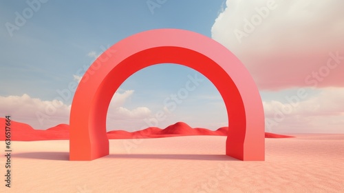 Against the backdrop of the desert, a vibrant red arch stands tall, reflecting the essence of contemporary artistry. The presence of clouds adds an atmospheric touch