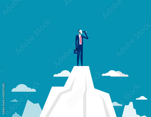 Robot standing on top of the mountain using telescope looking for success. Artificial intelligence business vector illustration