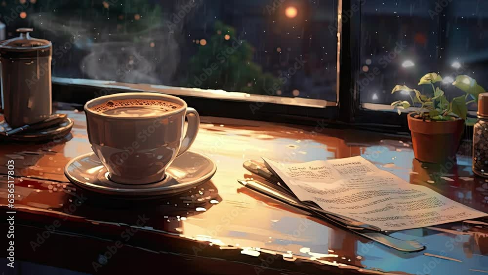 Close up shot of a hot coffee cup with steam coming out. Cup of hot coffee on the table at sunset in the rain. Anime art style. Loop animation
