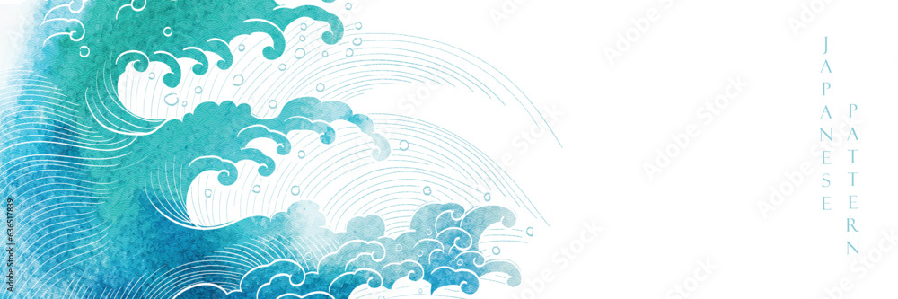 Blue brush stroke texture with Japanese ocean wave pattern in vintage style. Abstract art landscape banner design with watercolor texture vector. - obrazy, fototapety, plakaty 
