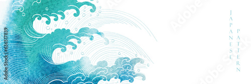 Blue brush stroke texture with Japanese ocean wave pattern in vintage style. Abstract art landscape banner design with watercolor texture vector.