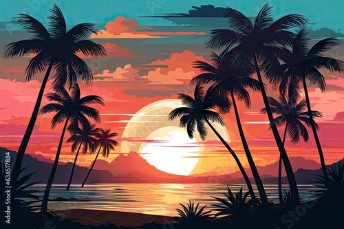Tropical Sunset beach scene with palm trees. Vintage retro poster