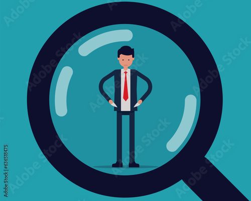 Magnifying glass looking business person auditing financial. Auditing financial statements concept