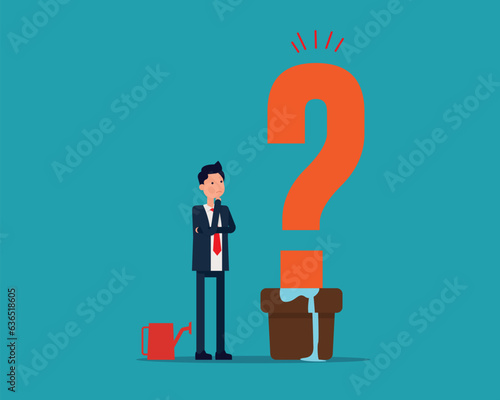 Investor harvesting. Watering and a question mark crops. Vector illustration in cartoon style design.