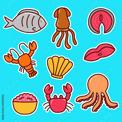 Set of seafood vector illustrations in colorful doodle style on blue background