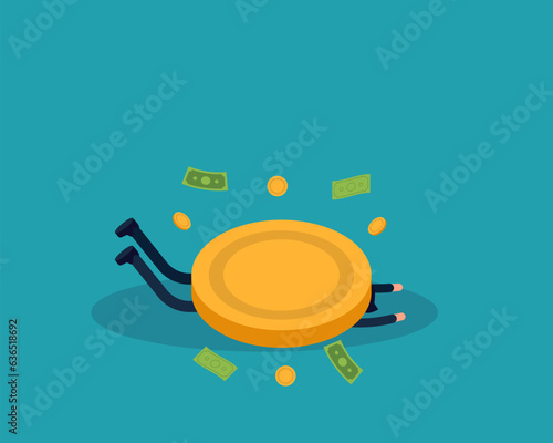 Dollar pressing. Business person misfortune. Vector illustration in cartoon style design.