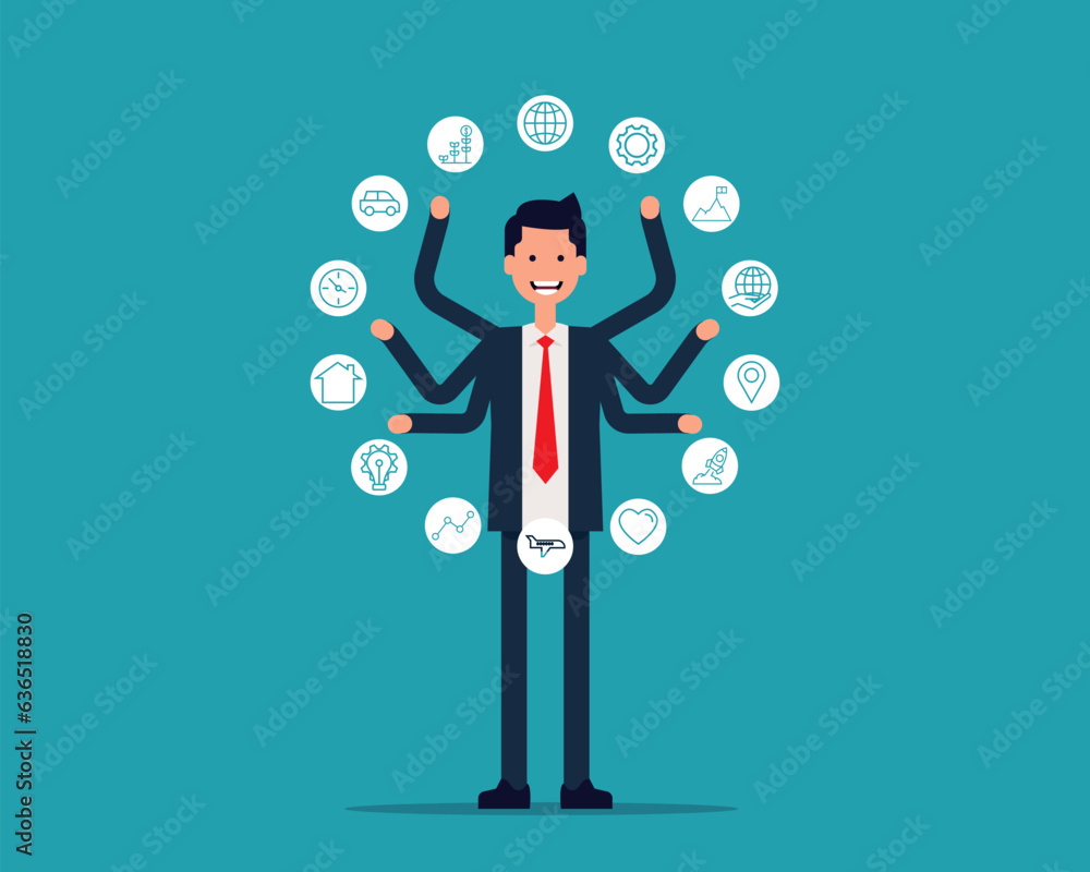 Multitasking manager. Effective management concept. Vector illustration in cartoon style Multitasking manager. Effective management concept. Vector illustration in cartoon style