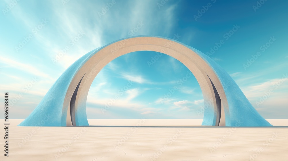 Against the desert's backdrop, a turquoise arch stands prominently, embodying the essence of colorful surrealism. This vibrant creation injects a splash of modern artistry into the arid landscape