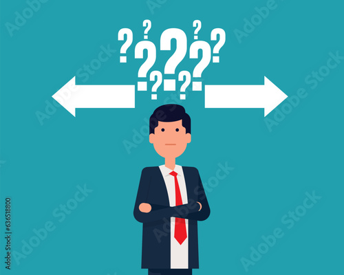 Making a decision with arrows and question mark above head. Vector illustration in cartoon style