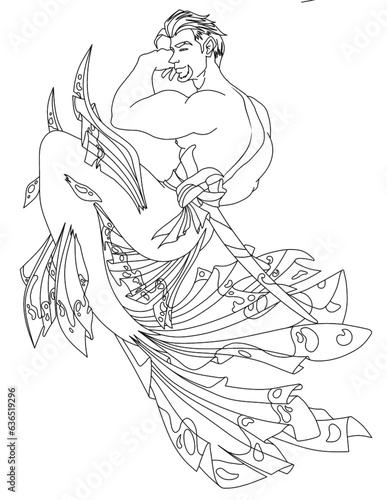person with a sword mermaids Black and white line art design of imaginary characters for t-shirt or coloring book or mug or shirt cloths as fantasy animals like tattoo 