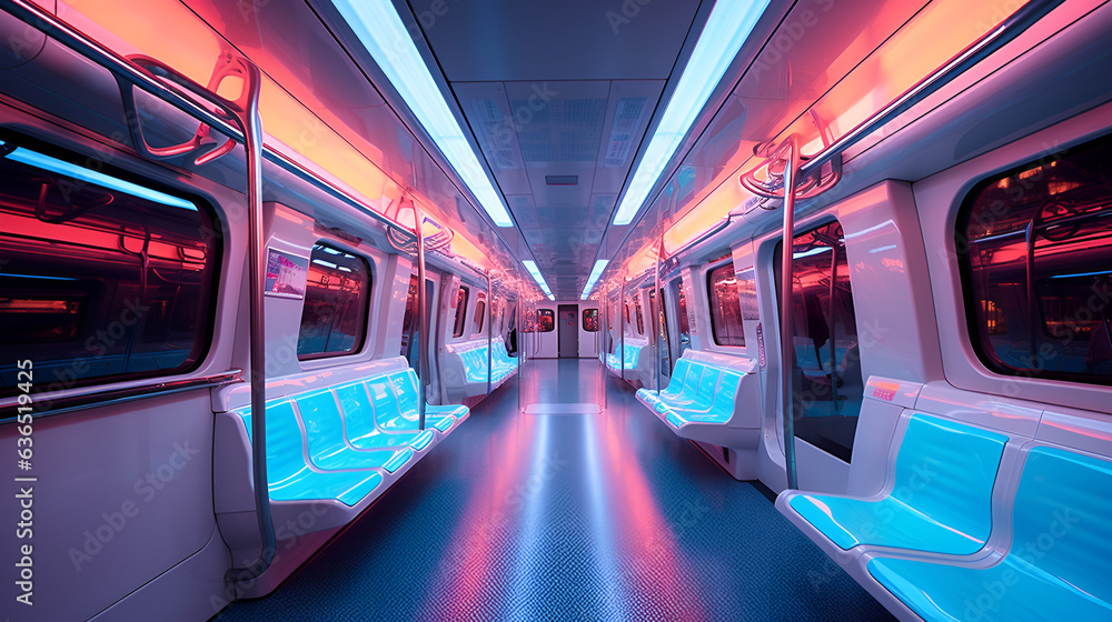 Aesthetic Excellence: Discovering the Interior of a Futuristic Metro Train with Bright Lights and Clean Design, AI Generative