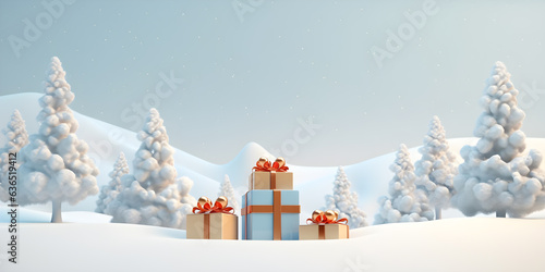 3d Christmas gift boxes decoration in snow scene, in the style of light pastel design, AI generate