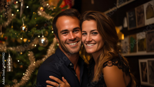 happy young couple smiling by a Christmas tree