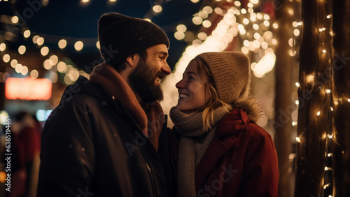 happy young couple smiling in front of Christmas light