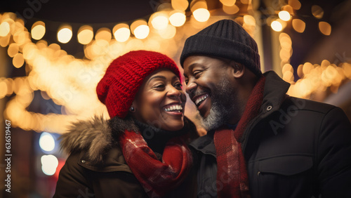 middle age african american couple smiling under the christmas lights