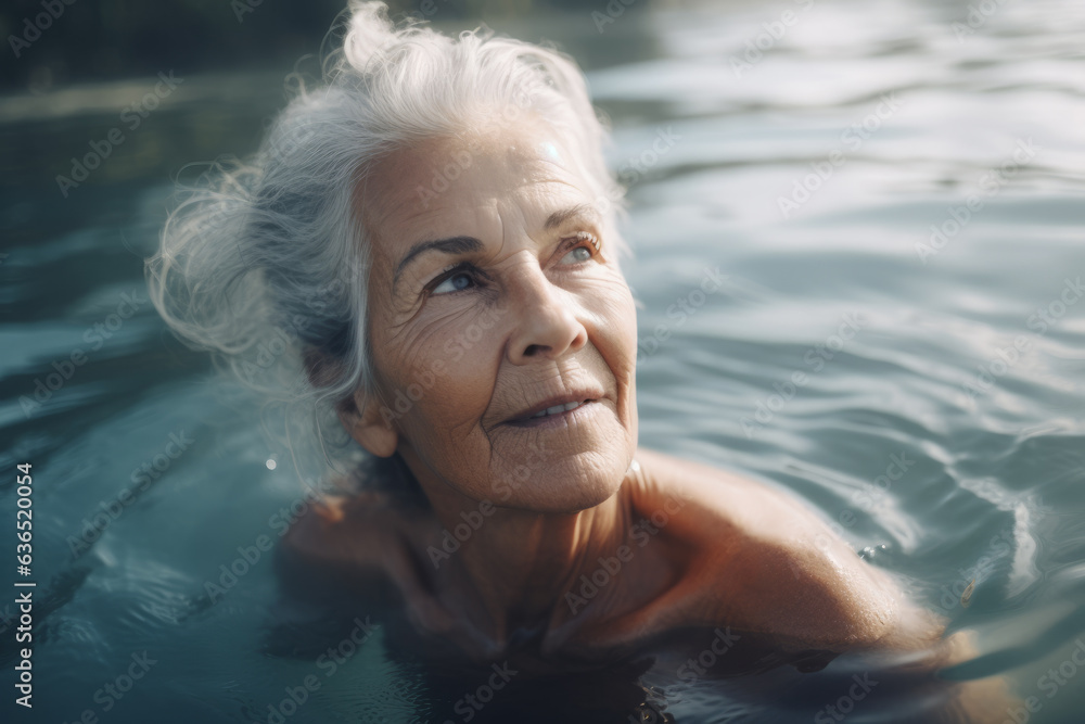 Mature lady with grey hair swimming in the lake