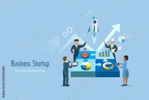 New business startup. Rocket launching successful from connected jigsaw puzzles with businessman team and growth graph.  Vector Illustration.