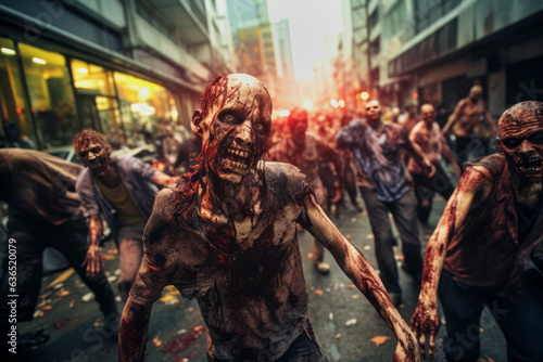 Group of zombies walk on the street in the urban city and ready to attack.