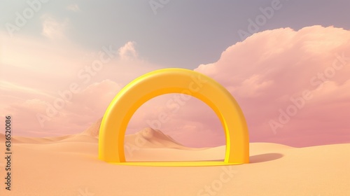 Amidst the desert expanse, a radiant yellow arch rises, embodying the essence of a vibrant artistic style. The presence of clouds adds an ethereal touch