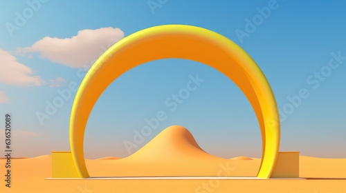 Amidst the desert expanse, a radiant yellow arch rises, embodying the essence of a vibrant artistic style. The presence of clouds adds an ethereal touch