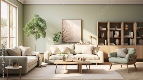 nordic style interior design  modern lounge  sage green and cream high resolution. Generative AI