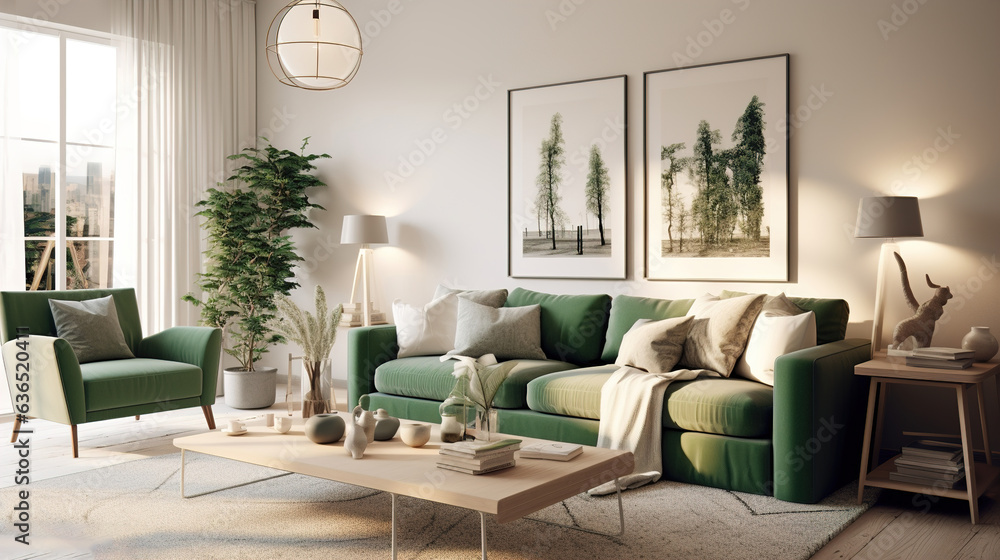 nordic style interior design, modern lounge, sage green and cream high resolution. Generative AI nordic style interior design, modern lounge, sage green and cream high resolution. Generative AI