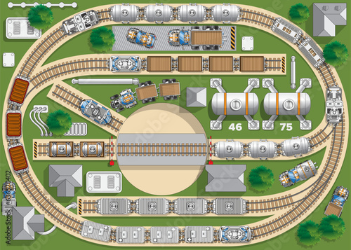 Railroad station. View from above. Vector illustration.