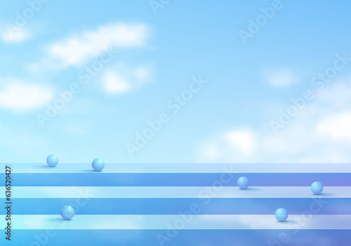 Abstract 3D blue crystal glass stair podium background with ball beads and  white cloud  blue sky scene. Minimal mockup product display presentation  Stage showcase. Platforms vector geometric design.