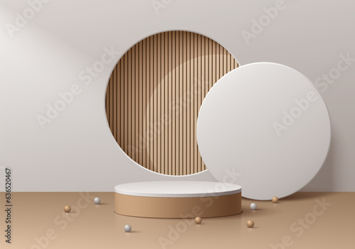 Fotografie, Obraz Abstract 3D brown and white cylinder pedestal podium background with panel wood pattern in round window