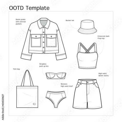 Cute Summer Denim shorts Outfit fashion flat technical drawing template. OOTD Template. Denim jacket, Denim Shorts, bucket hat, Crop top, Tote bag, women's brief, strapless bra, front, set, CAD mockup photo