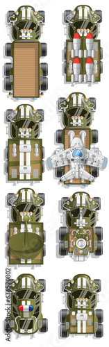 A set of combat vehicles. View from above. Vector illustration.