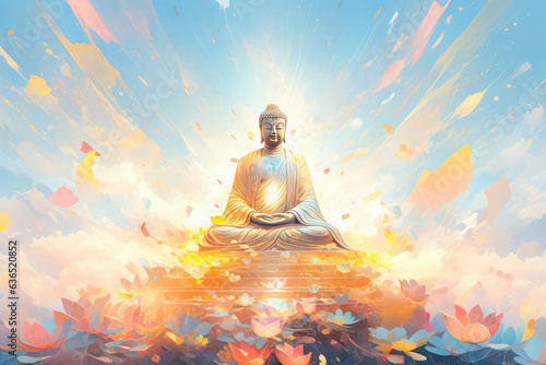 3d golden statue of Buddha meditating in Padmasana with glowing light line in hands against abstract background  generative AI.  