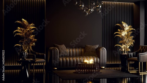 Animation of luxury classical style superior black living room interior 3d render ,There are black marble floor black leather furniture ,decorated with golden plam tree photo